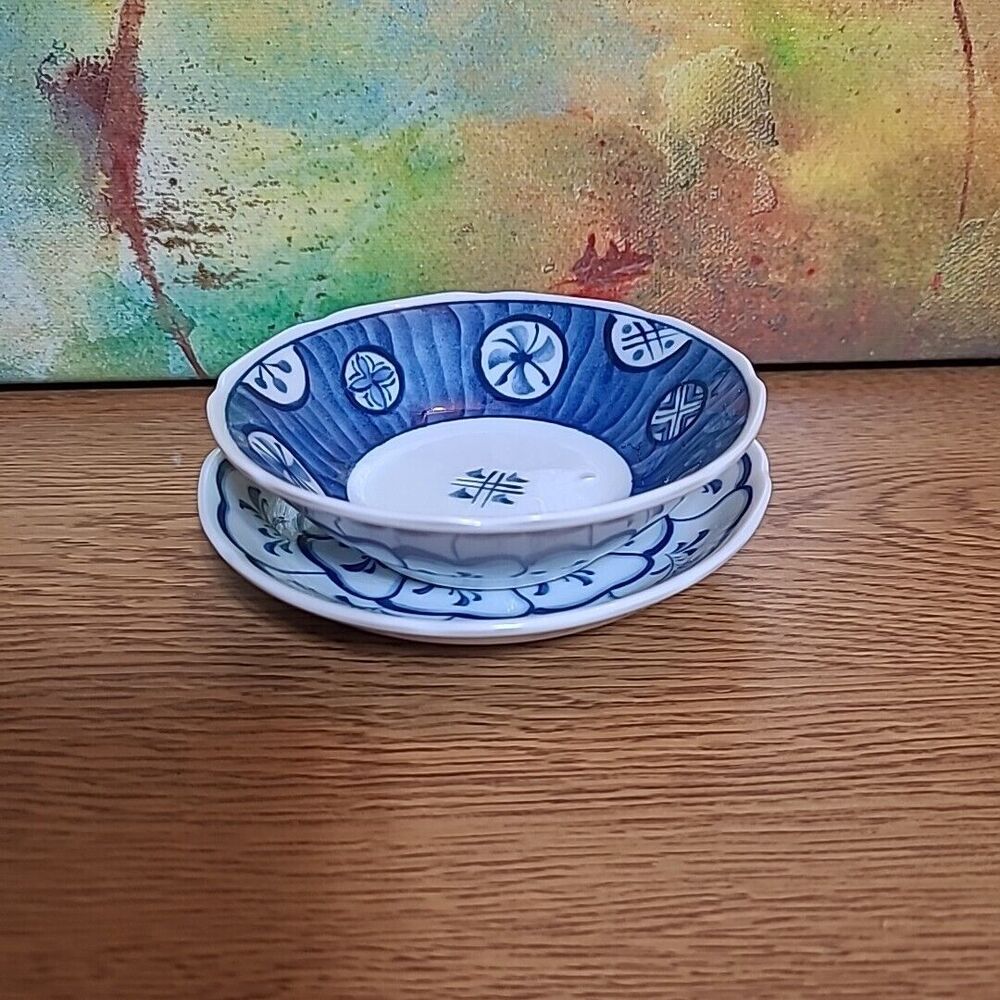 Andrea by Sadek Porcelain Trinket Dish and Saucer Small 4.5" Blue White 2 pieces